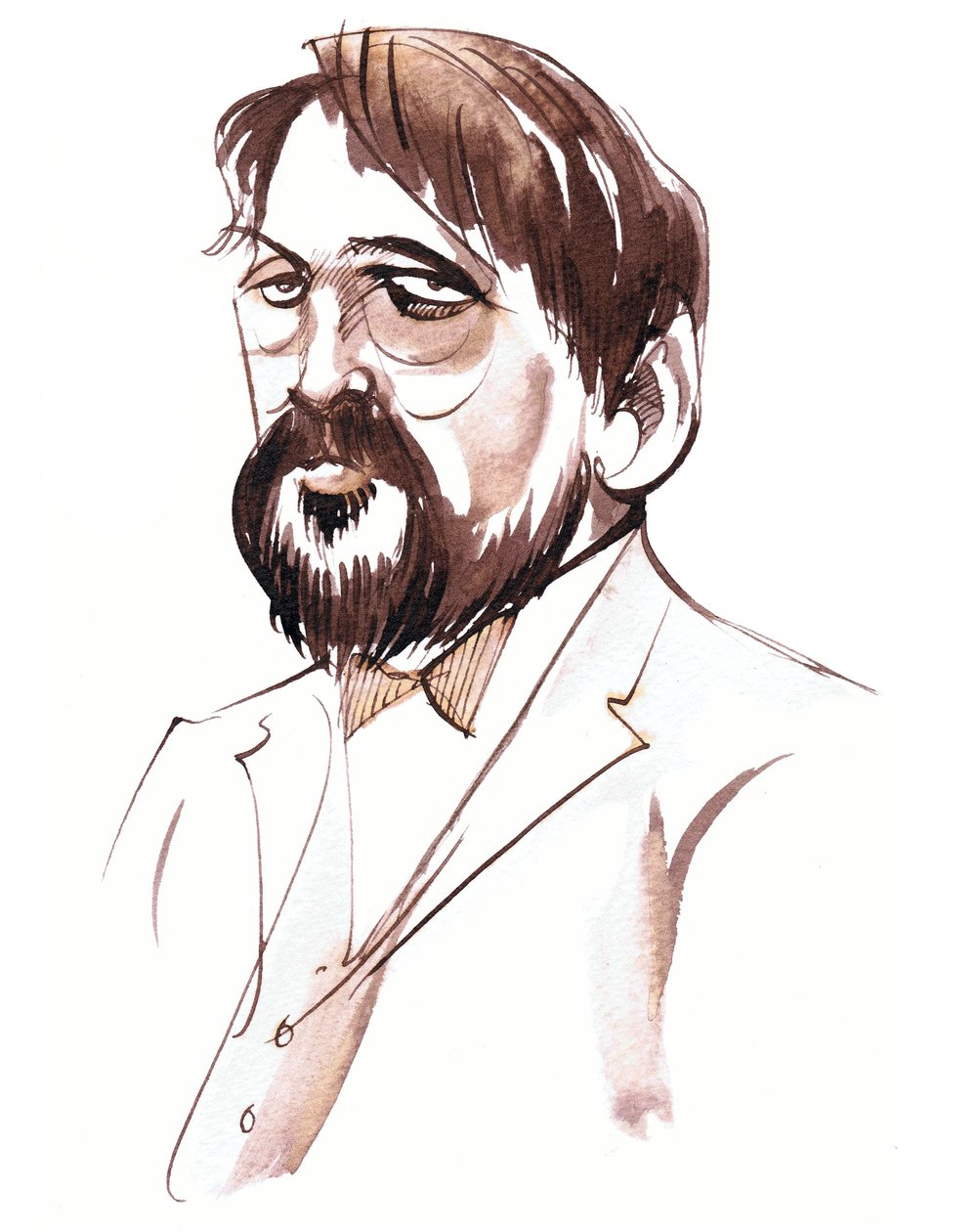 Achille-Claude Debussy, francouzský skladatel (1862-1918), portrét sépiovou tuší od Neale Osborne