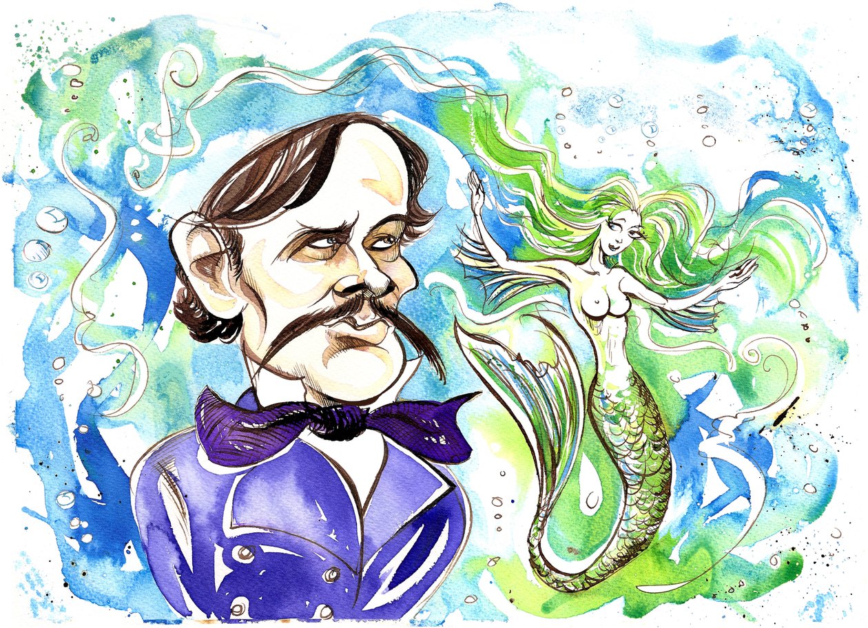 Alexander Dargomyzhsky - karikatura ruského skladatele s ilustrací opery Rusalka (1855) od Neale Osborne