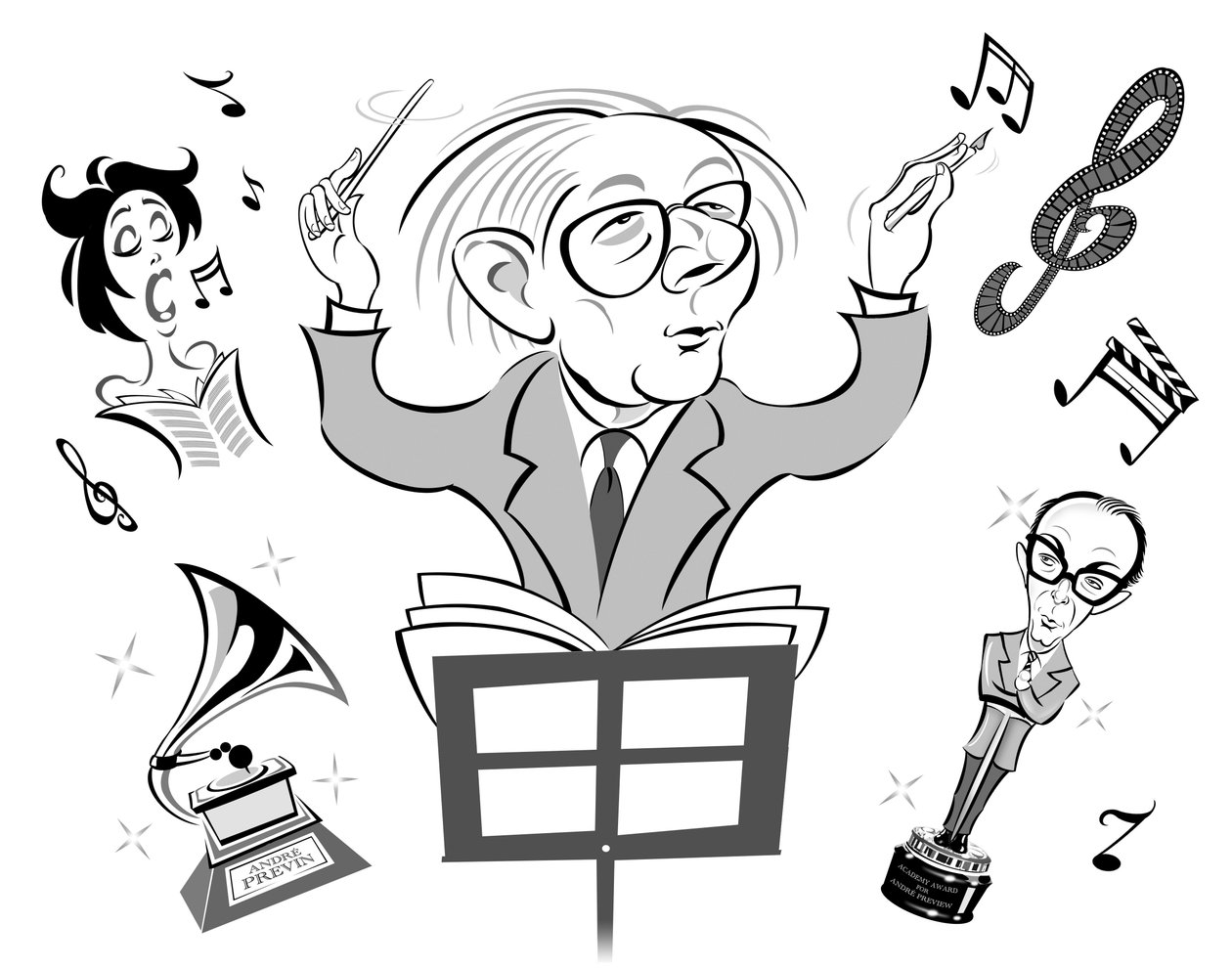 Andre Previn, americký klavírista, skladatel a dirigent německého původu (nar. 1929); karikoval dirigování a psaní filmové hudby; s Ericem Morecambem jako držitelem Oscara s odkazem na Previnovo vystoupení. od Neale Osborne