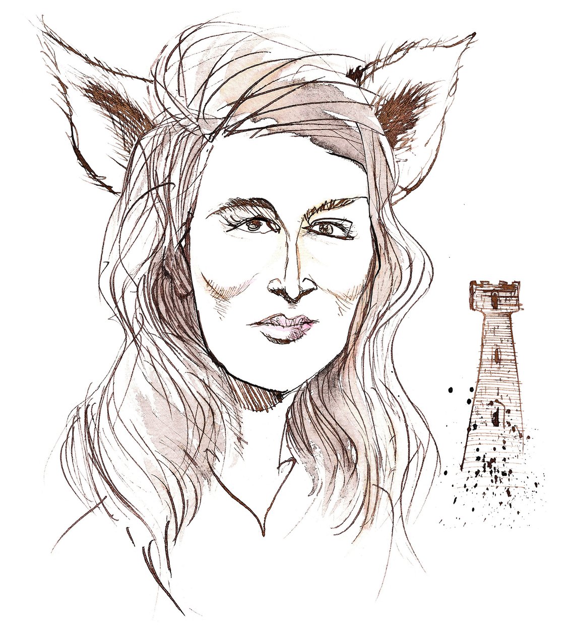 Angela Carter, anglický romanopisec a novinář; karikovaná s vlčíma ušima v odkazu na její příběh Společnost vlků z knihy Krvavá komnata (1979) od Neale Osborne
