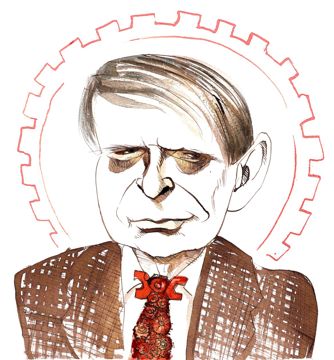 Anthony Burgess, anglický romanopisec, kritik, básník, dramatik, překladatel a skladatel; karikován s hodinovou oranžovou kravatou s odkazem na jeho novelu Mechanický pomeranč (1962) AB: 25. února 1917 od Neale Osborne