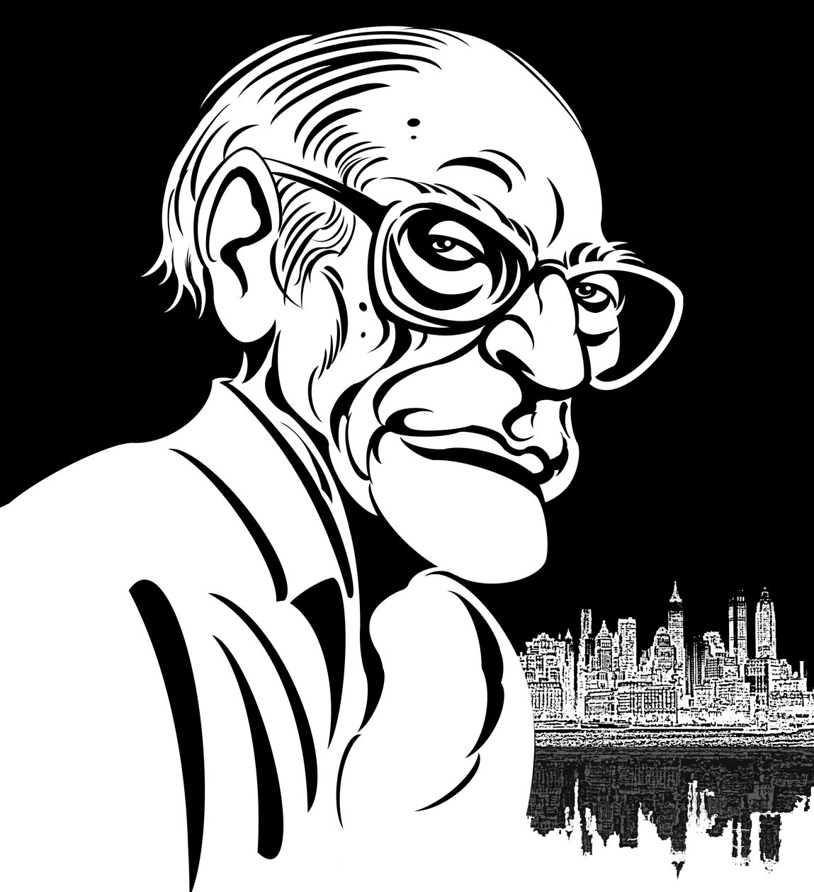 Arthur Miller, americký dramatik (1915-2005); černobílá karikatura od Neale Osborne