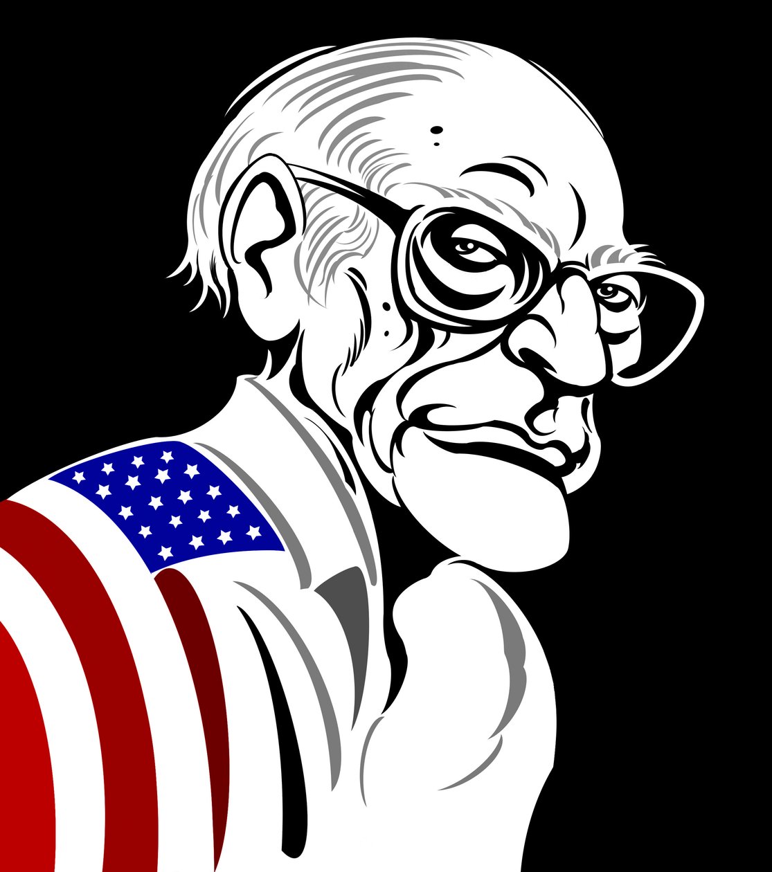Arthur Miller, americký dramatik (1915-2005); černobílá - barevná karikatura, zahalená do americké vlajky od Neale Osborne
