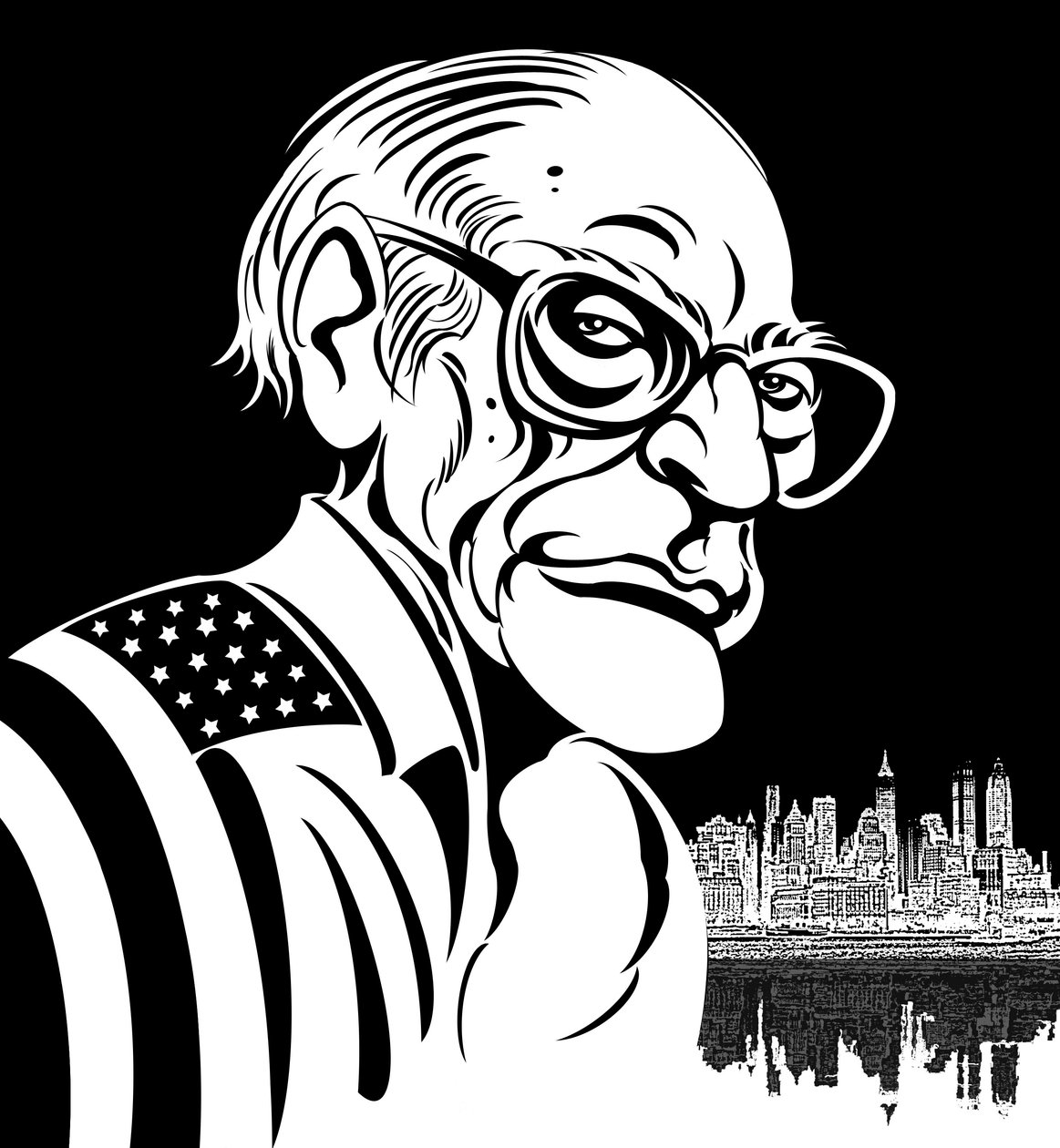 Arthur Miller, americký dramatik (1915-2005); černobílá karikatura, zahalená do americké vlajky od Neale Osborne
