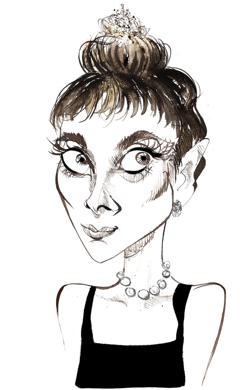 Audrey Hepburn (1929-1993) herečka belgického původu, barevná karikatura jako Holly Golightly z filmu Snídaně u Tiffanys z roku 1961 (režie Blake Edwards) od Neale Osborne