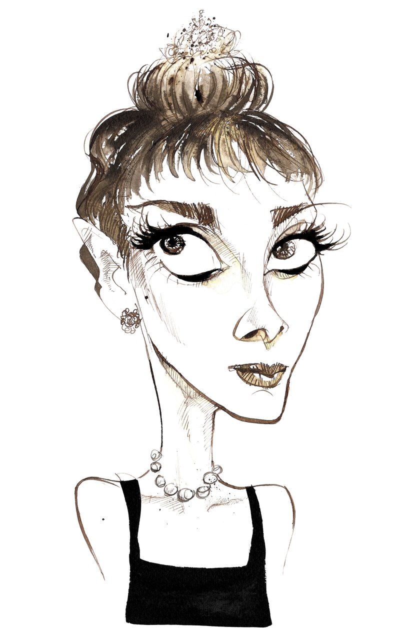 Audrey Hepburn (1929-1993), herečka belgického původu, barevná karikatura Holly Golightlyové z filmu Snídaně u Tiffanyho z roku 1961 (režie Blake Edwards). od Neale Osborne