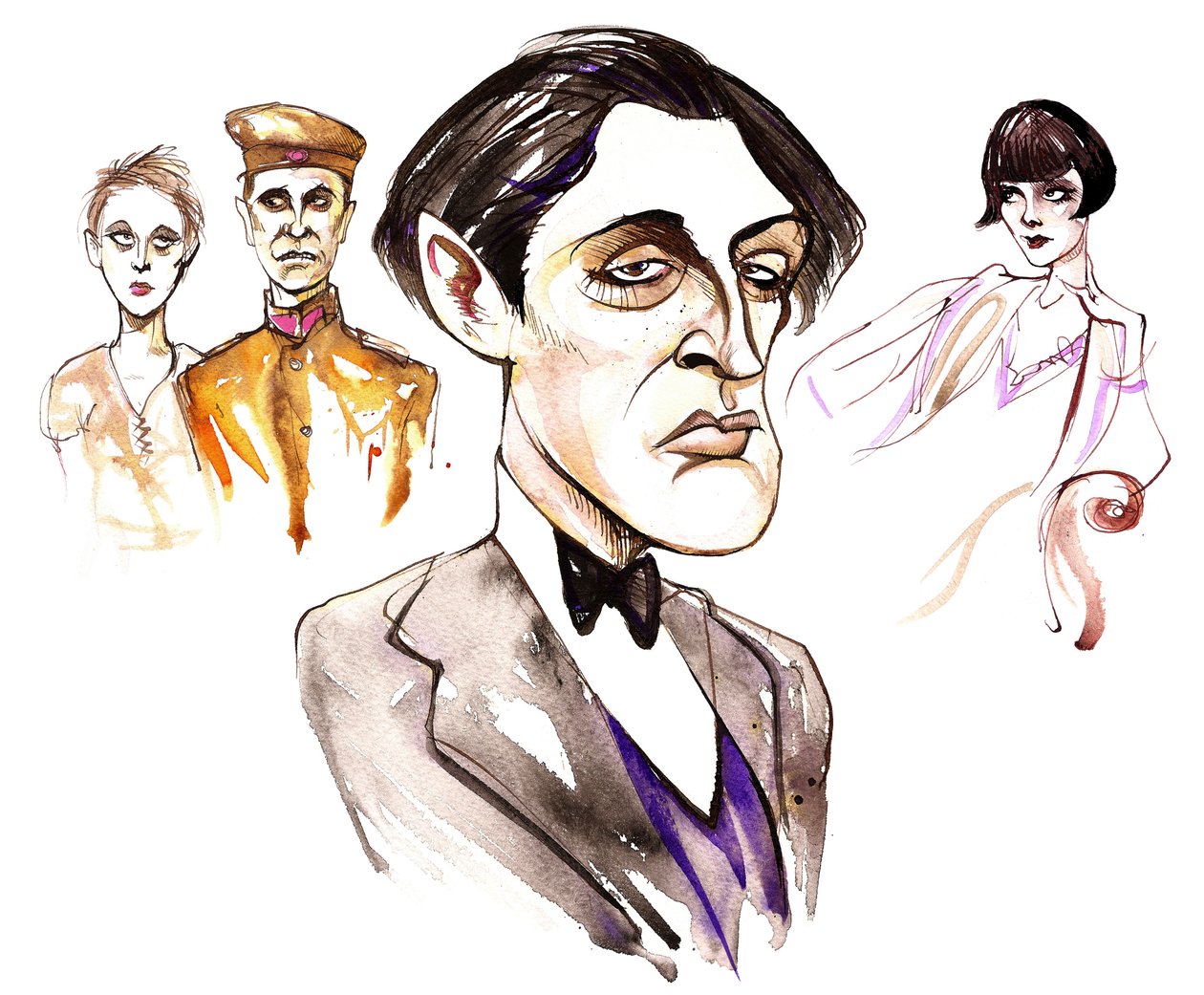 Rakouský skladatel Alban Berg (1885-1935); karikatura s postavami z jeho dvou oper: Wozzeck z roku 1925 a Lulu z roku 1935. od Neale Osborne