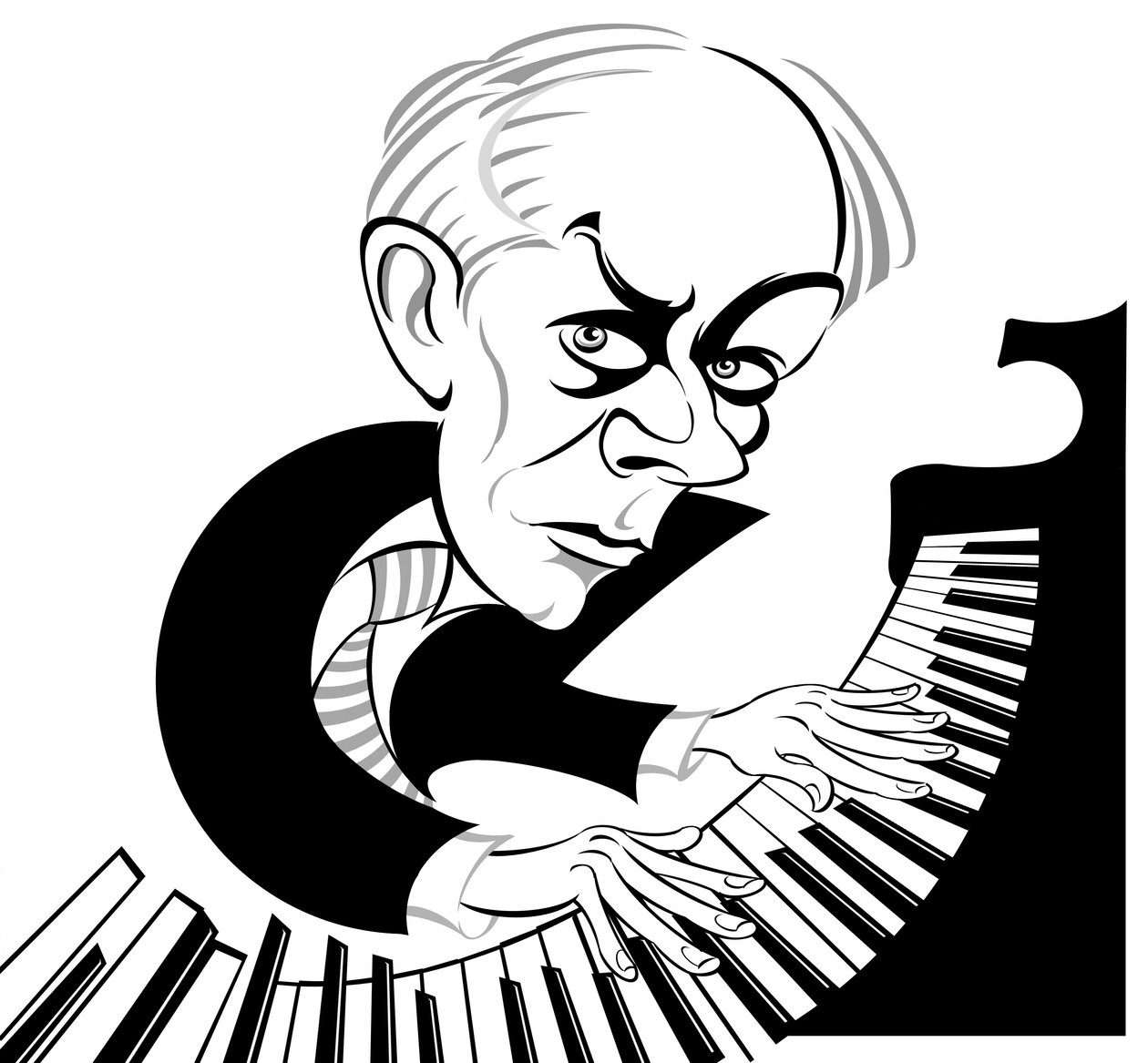 Bela Bartok maďarský skladatel a klavírista (1881 - 1945); černobílá karikatura u klavíru od Neale Osborne