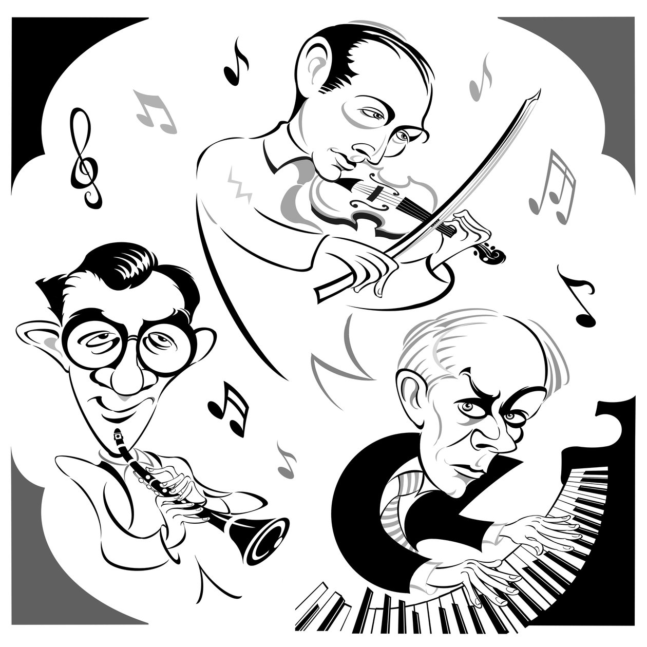 Bela Bartók u klavíru, americký klarinetista Benny Goodman (1909-86) a maďarský houslista Joseph Szigeti (1892-1973), trio, které v roce 1940 premiérově nahrálo Kontrasty - komorní koláč. od Neale Osborne