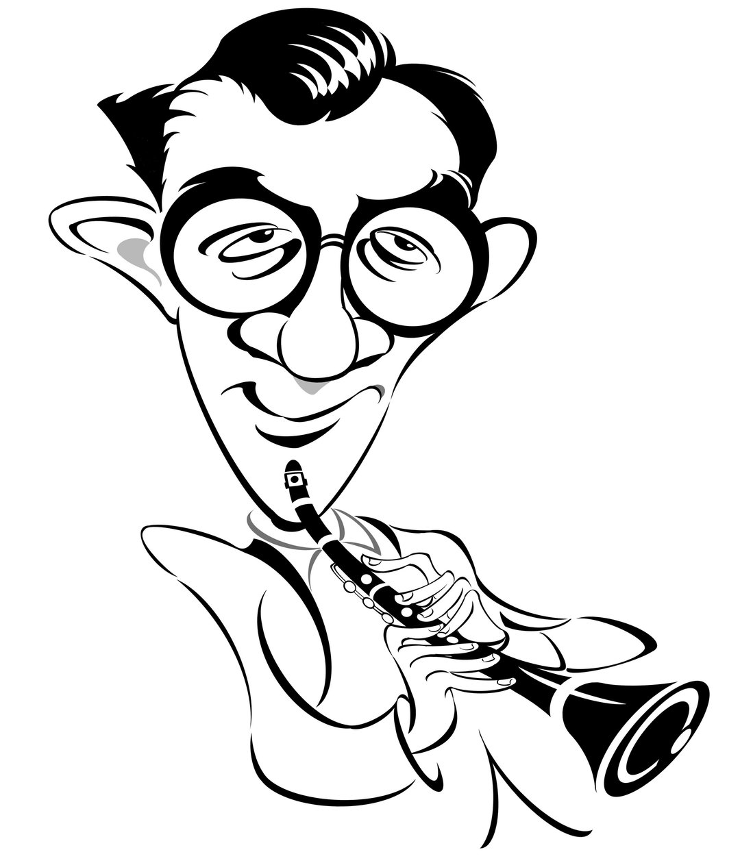 Benny Goodman - americký jazzový a swingový hudebník, klarinetista a kapelník, známý jako The King of Swing (1909 - 1986); karikatura od Neale Osborne