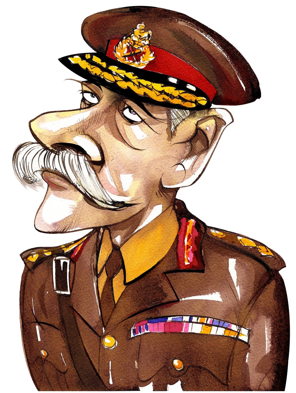britský polní maršál, první hrabě Haig z Bernersyde (1861-1928); barevná karikatura v armádní uniformě od Neale Osborne