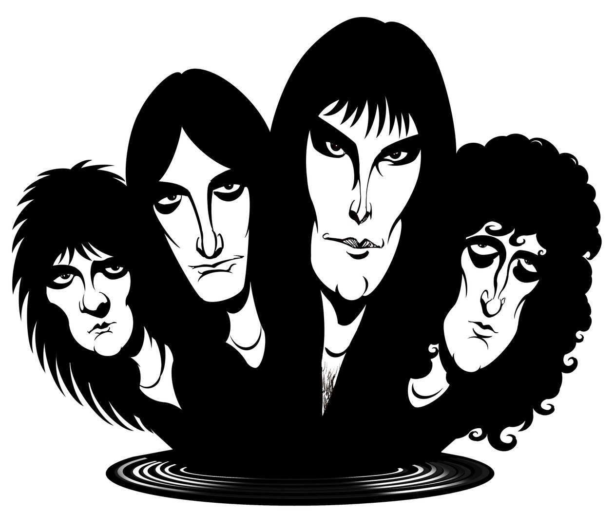britská rocková skupina založená v roce 1971; karikováno zleva doprava: Roger Taylor (bubeník, zpěvák, 26. července 1949 - od Neale Osborne