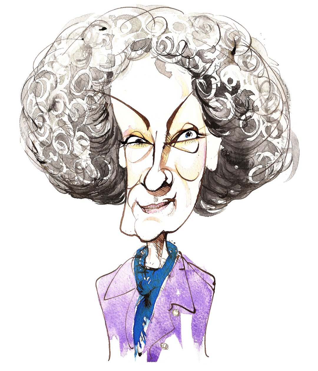kanadská spisovatelka a básnířka Margaret Atwoodová (nar. 1939); karikatura od Neale Osborne