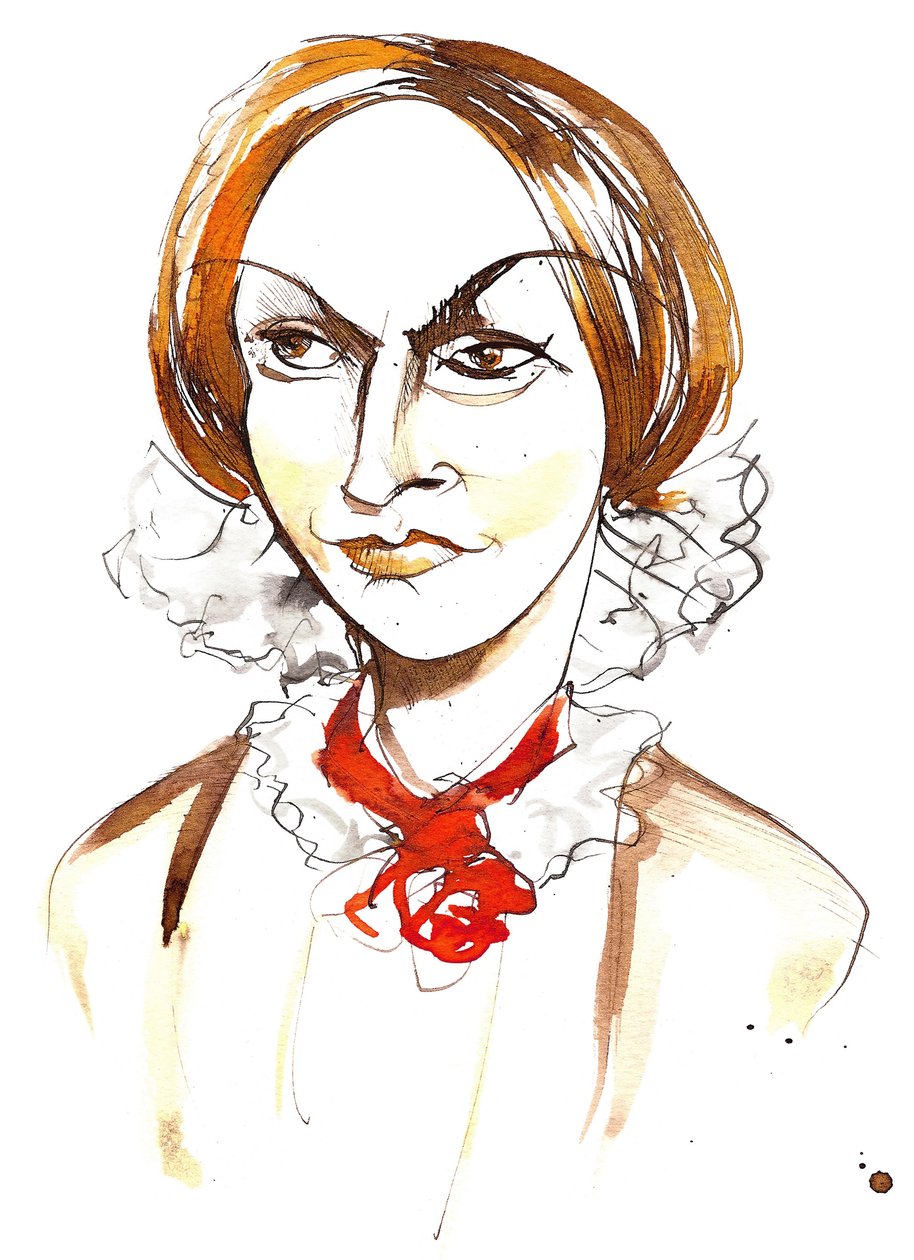 Charlotte Bronteová - anglická prozaička a básnířka (1816 - 1855); barevná karikatura od Neale Osborne