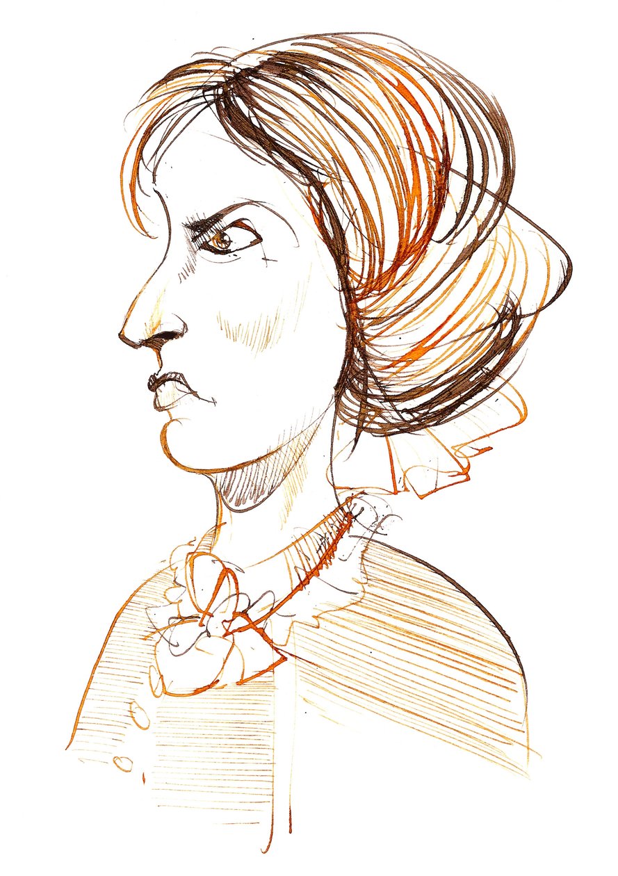 Charlotte Bronteová - anglická prozaička a básnířka (1816 - 1855); karikatura v profilu od Neale Osborne