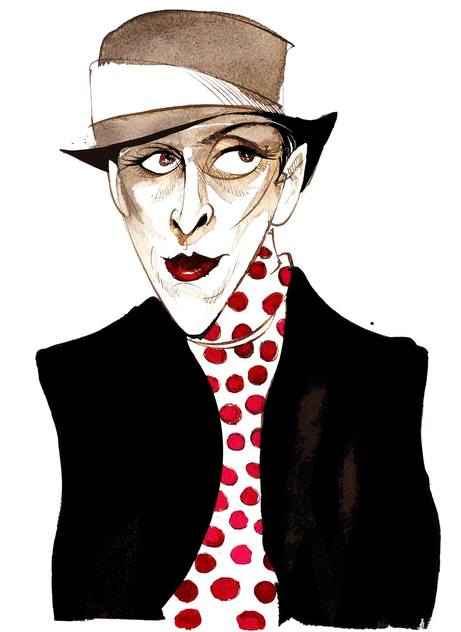Djuna Barnes, vlivný modernistický americký spisovatel a umělec; karikaturaDB: 12. června 1892 - 18. června 1982 od Neale Osborne