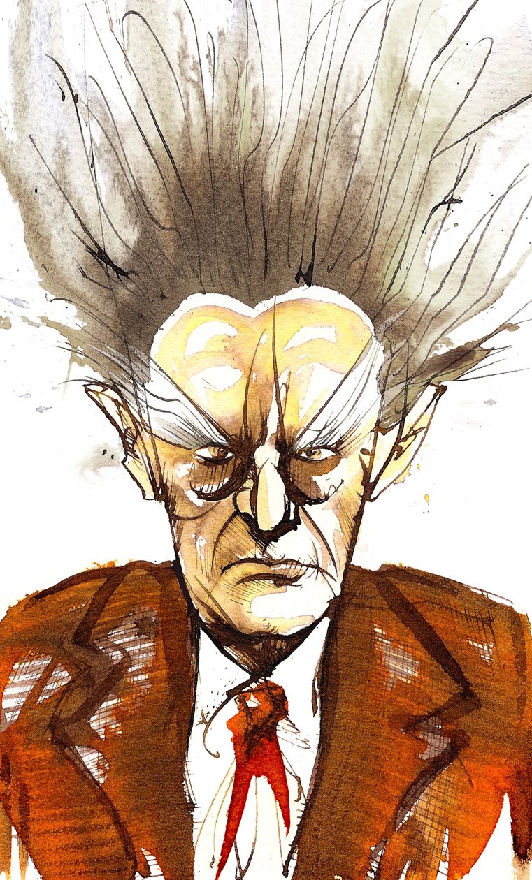 Edgard Varèse, americký skladatel francouzského původu (1883-1965); karikatura od Neale Osborne
