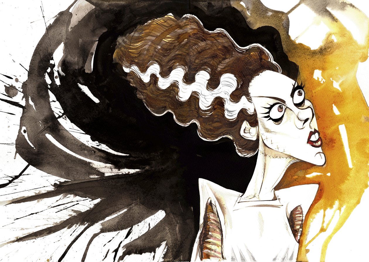 Elsa Lanchester, anglická herečka (1902 - 1986); karikován jako nevěsta z filmu Bride of Frankenstein z roku 1935 v režii Jamese Whalea (anglický herec a režisér, 1889-1957) od Neale Osborne