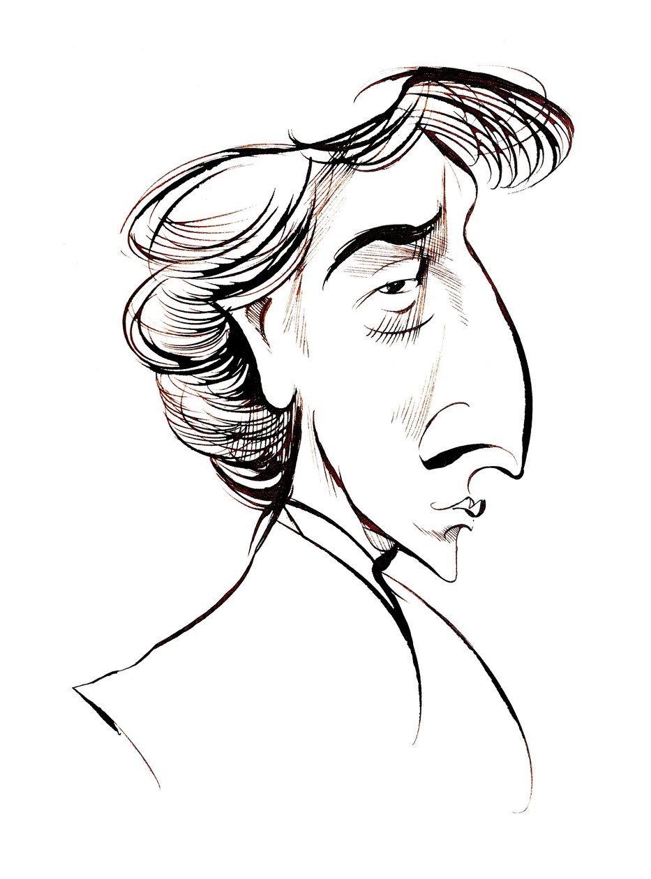 Frederic Chopin, Francouz - v Polsku narozený skladatel a pianista sépiové linie karikatury od Neale Osborne