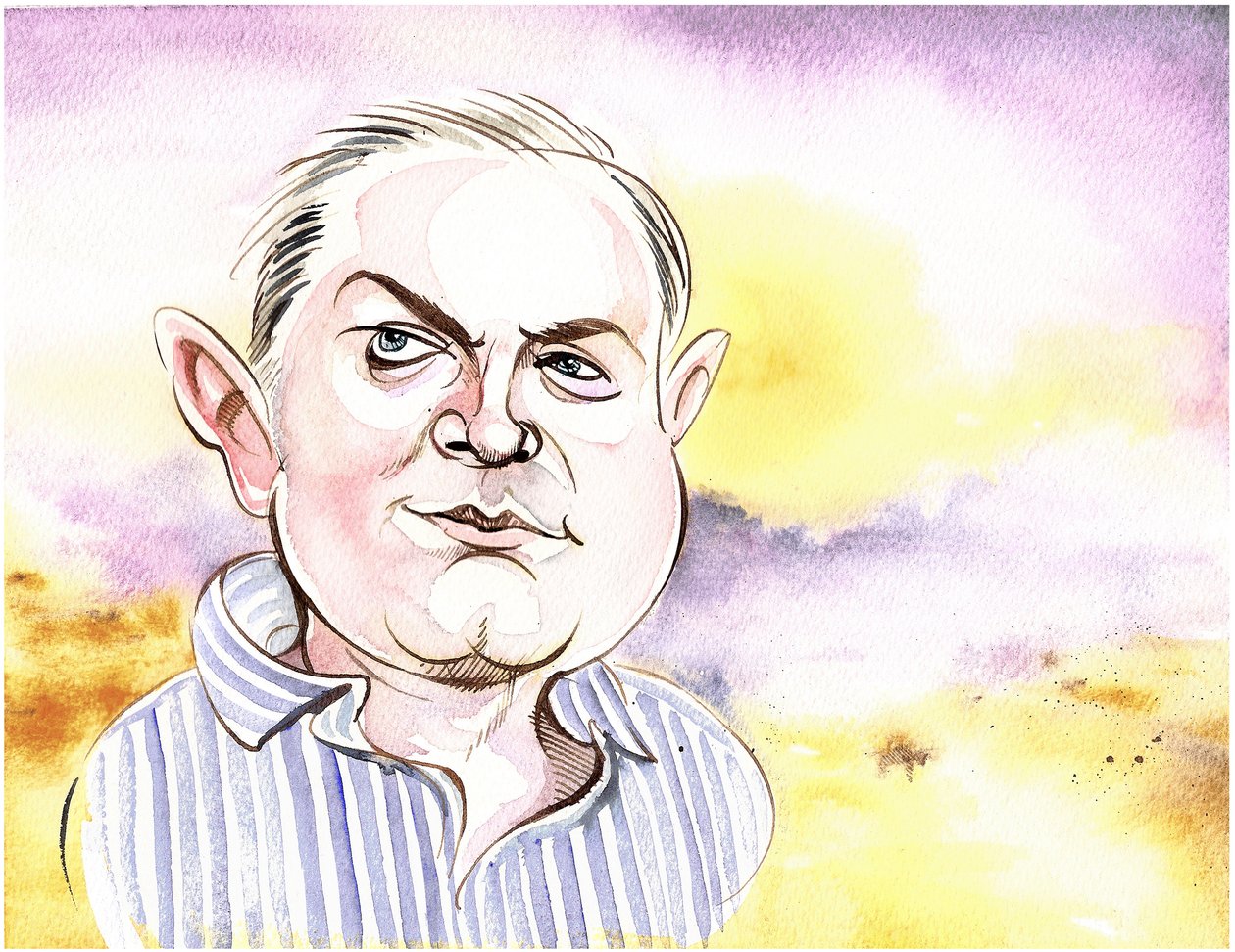 George Benjamin - karikatura s pozadím krajiny, odkaz na At First Light, Benjamins orchestrální dílo z roku 1982 od Neale Osborne