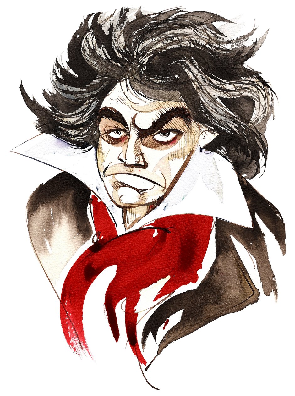 německý skladatel Ludwig van Beethoven (1770-1827); karikatura od Neale Osborne