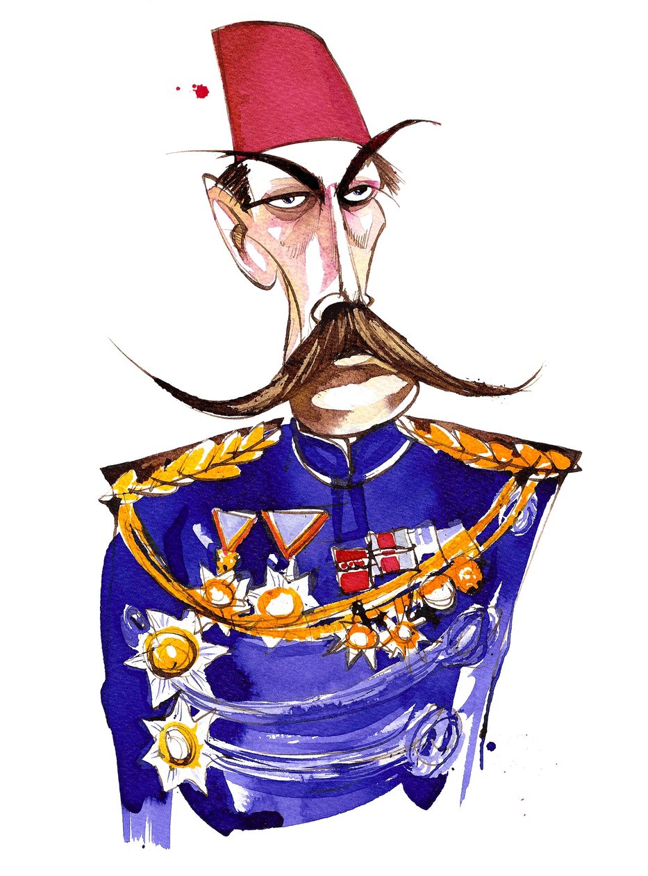 Irský narozený, britský polní maršál, First Earl Kitchener, barevná karikatura v uniformě a fezu od Neale Osborne