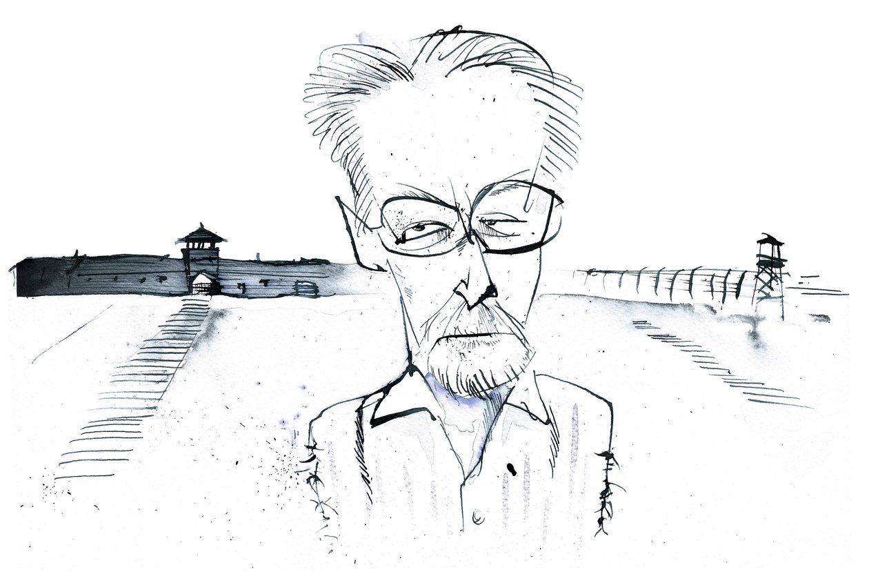 italský spisovatel, básník a chemik Primo Levi (1919-1987); karikatura od Neale Osborne