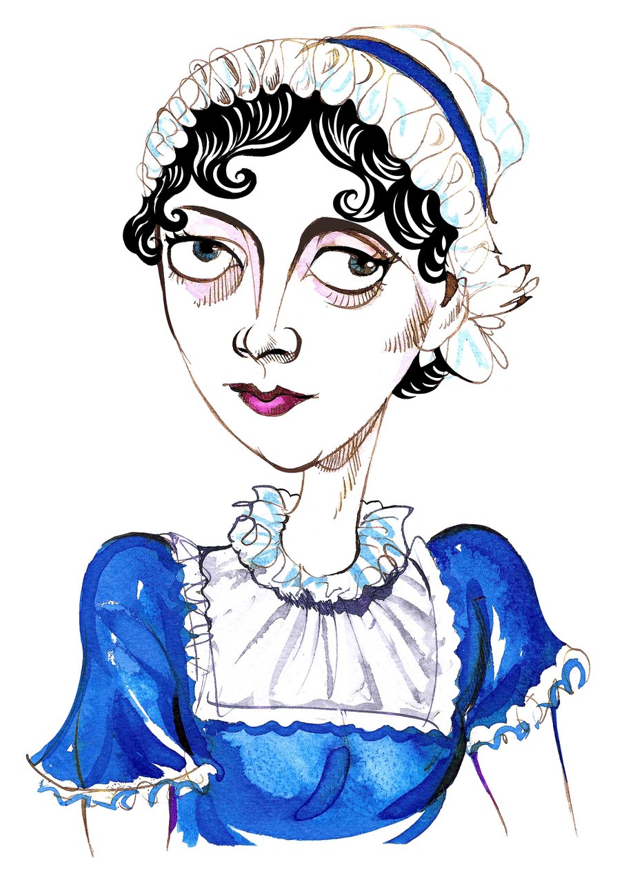 Jane Austenová, anglická prozaička, (1775-1817) karikatura od Neale Osborne