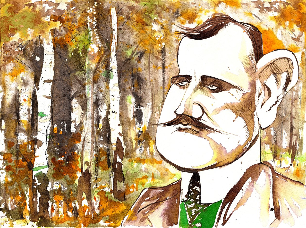 Jean Sibelius, karikovaný jako mladší muž od Neale Osborne