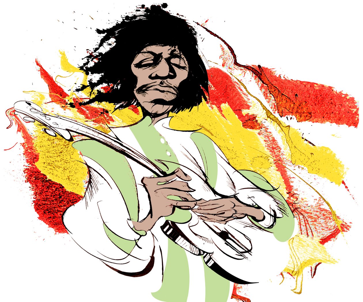 Jimi Hendrix , americký kytarista (1942-70), barevná karikatura od Neale Osborne