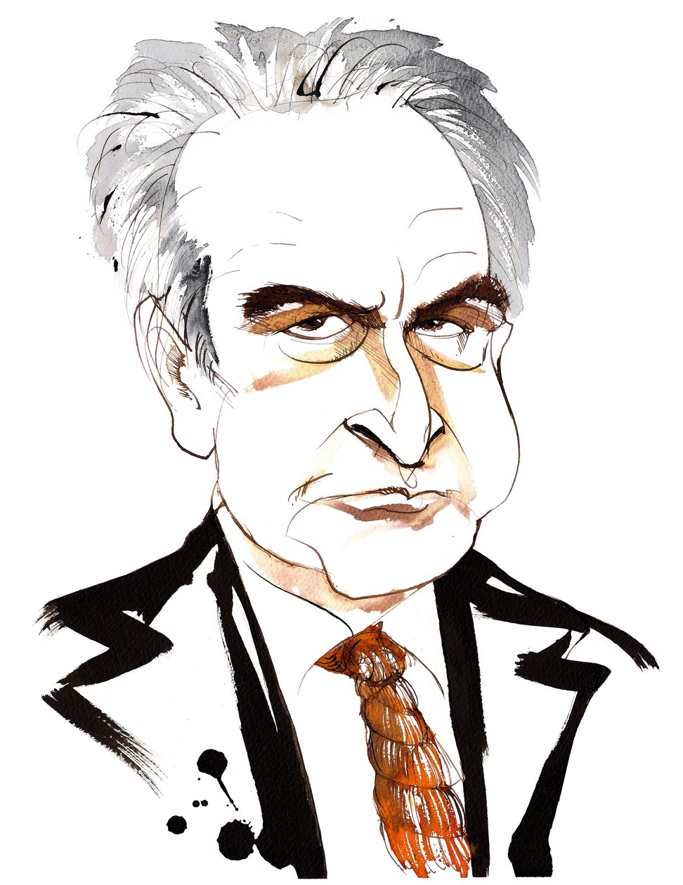 John Banville, irský spisovatel a scénárista; autor kriminálních románů pod pseudonymem Benjamin Black; karikatura s kravatou na oprátce od Neale Osborne