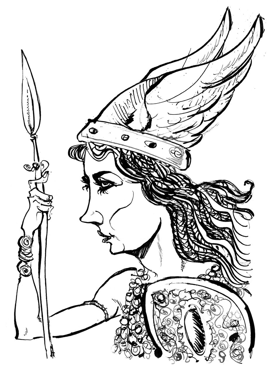Kirsten Flagstadová jako Brünnhilda z opery Die Walküre od Richarda Wagnera (německý skladatel 1813-83); černobílá karikatura od Neale Osborne