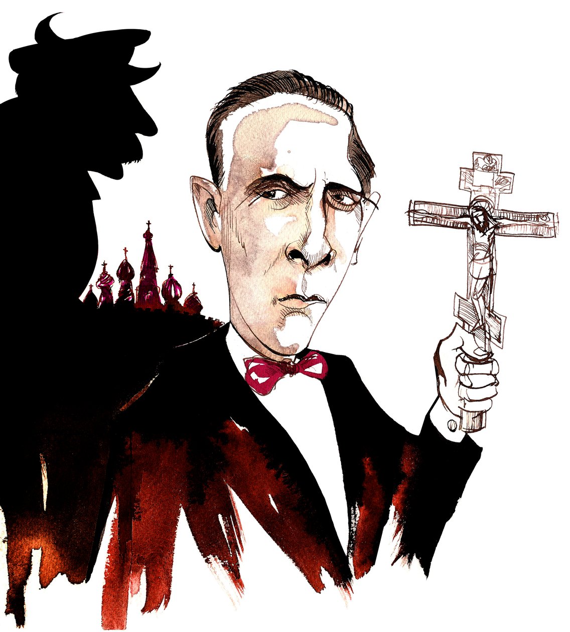 Michail Bulgakov, ruský spisovatel a dramatik; karikovaný ve stínu diktátora Josifa Stalina s krucifixem v odkazu na Bulgakovův román Mistr a Markéta (z let 1928-40) od Neale Osborne