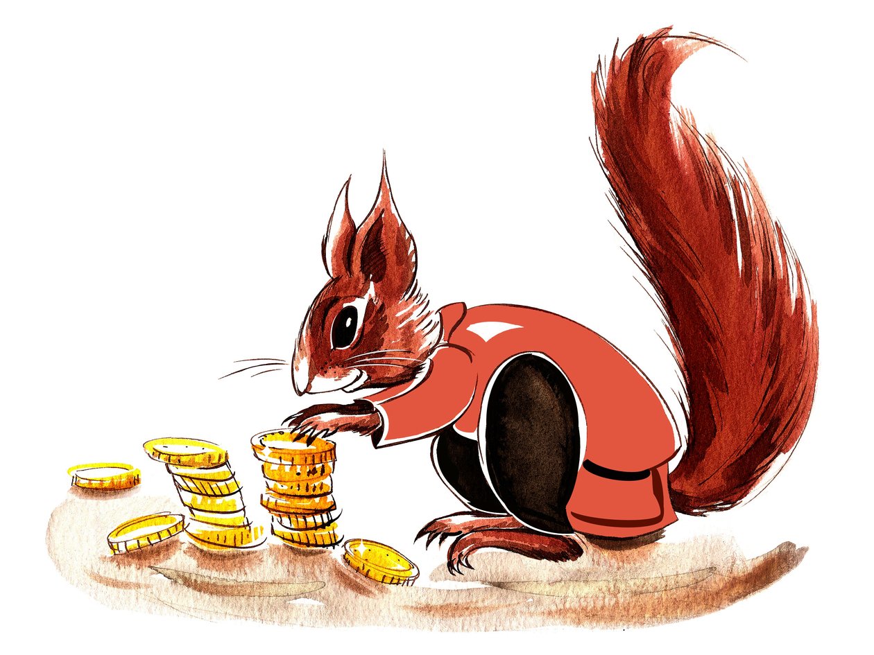 Veverka peněz - ilustrace finanční alegorie od Neale Osborne