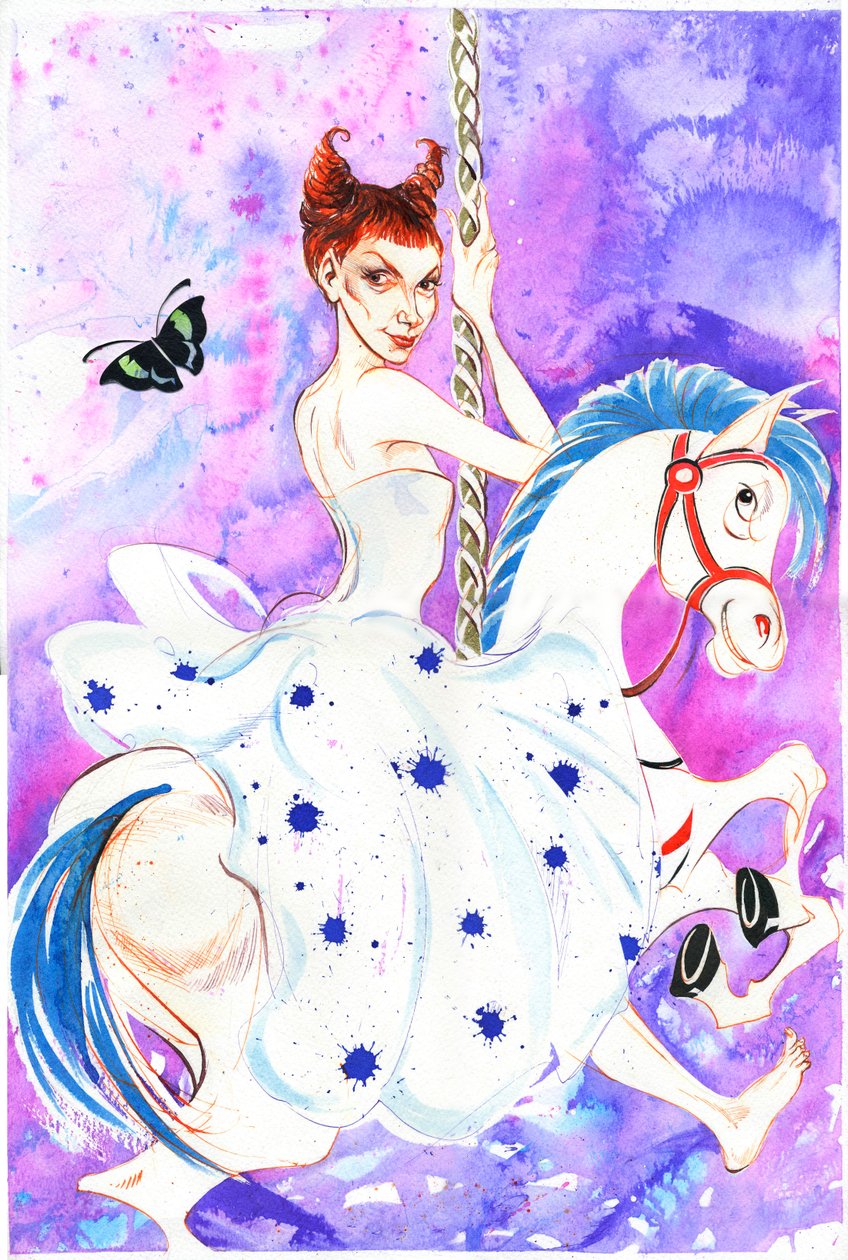 Patricia Petibon - karikatura francouzské operní pěvkyně (soprán) na kolotočovém koni od Neale Osborne