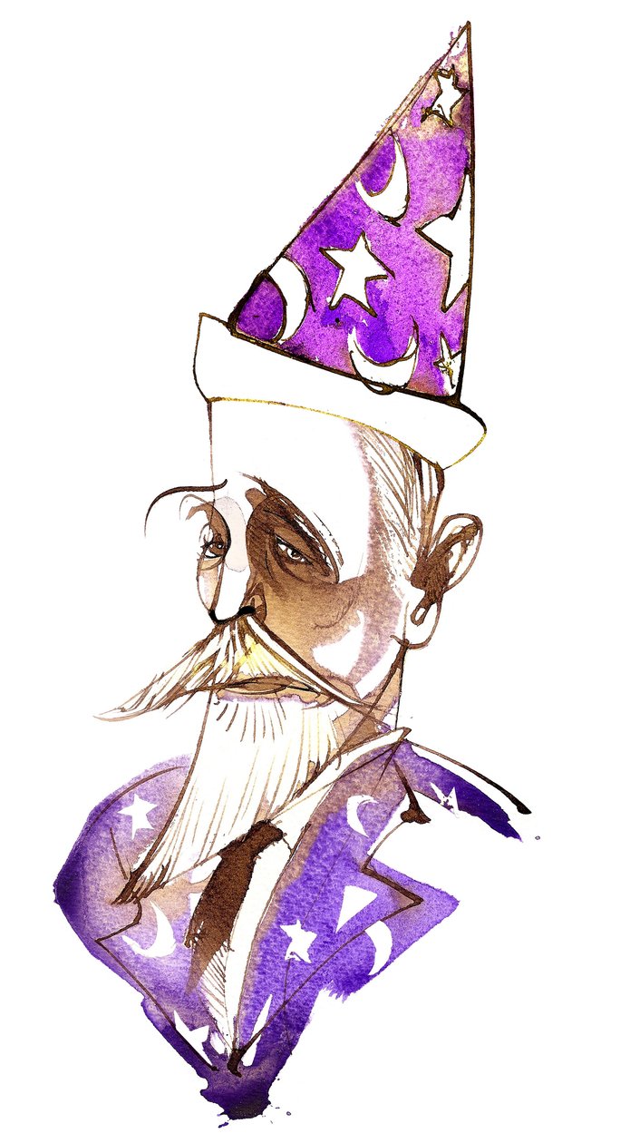 Paul Dukas, francouzský skladatel (1865-1935); karikován jako čaroděj od Neale Osborne