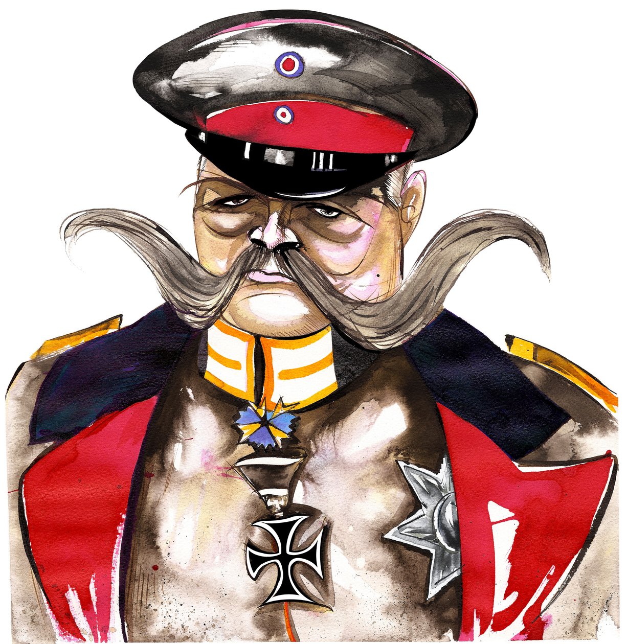 Paul von Hindenburg – narozen v Polsku, německý generál a prezident (1847-1934); barevná karikatura od Neale Osborne