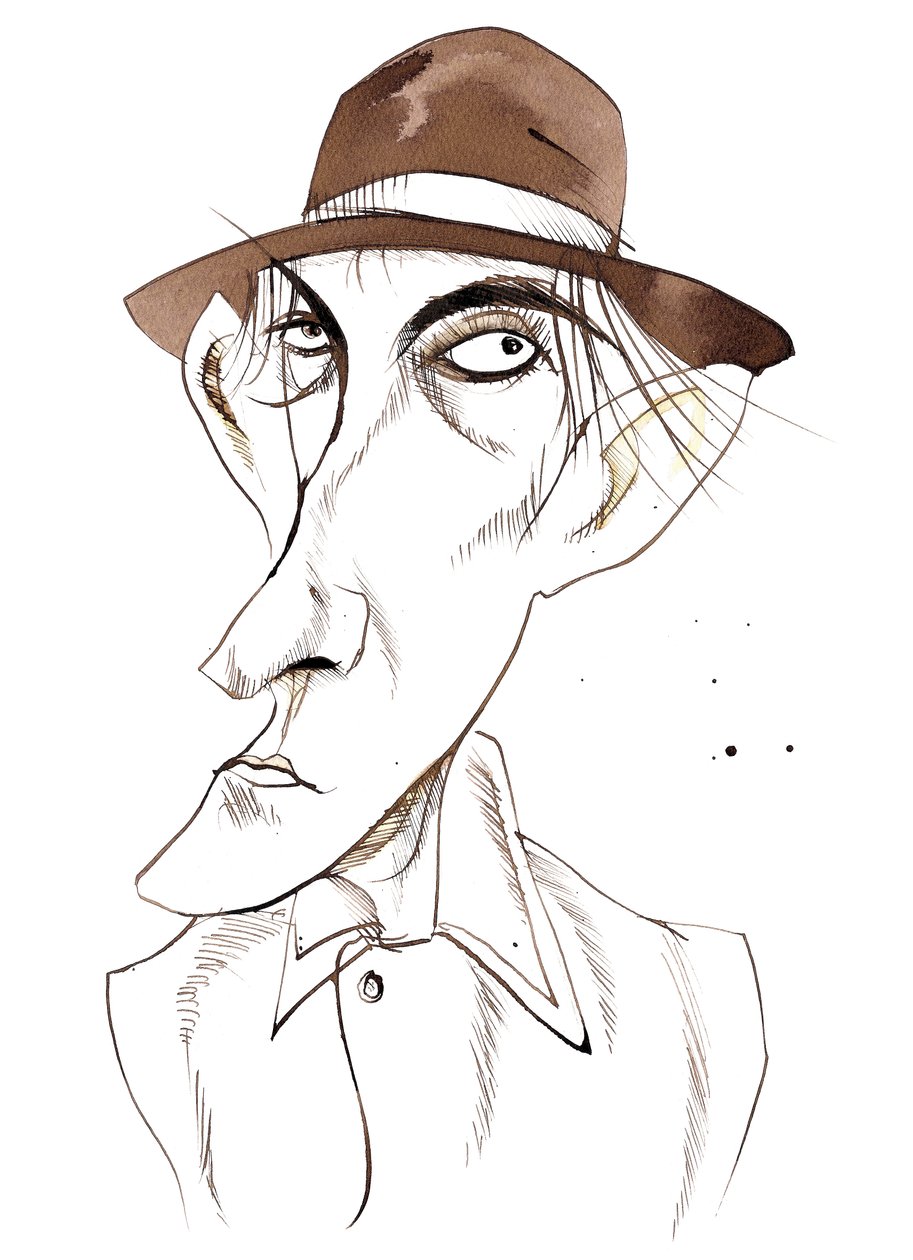 Peter Cook, anglický komediální herec a spisovatel, (1937 - 95), karikovaný jako postava E od Neale Osborne