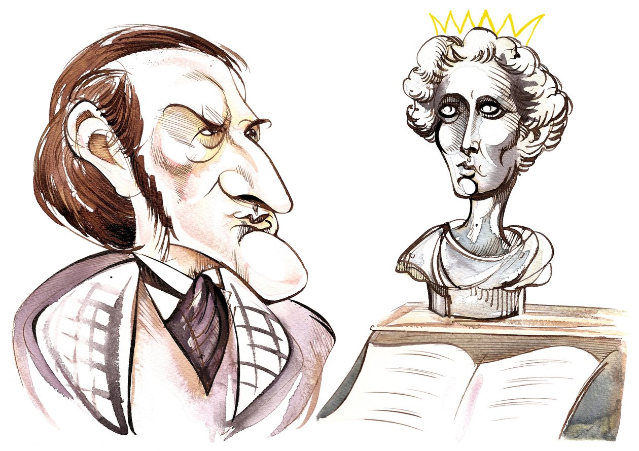 Richard Wagner - karikatura německého skladatele s bustou bavorského krále Ludvíka II (1845-86) od Neale Osborne