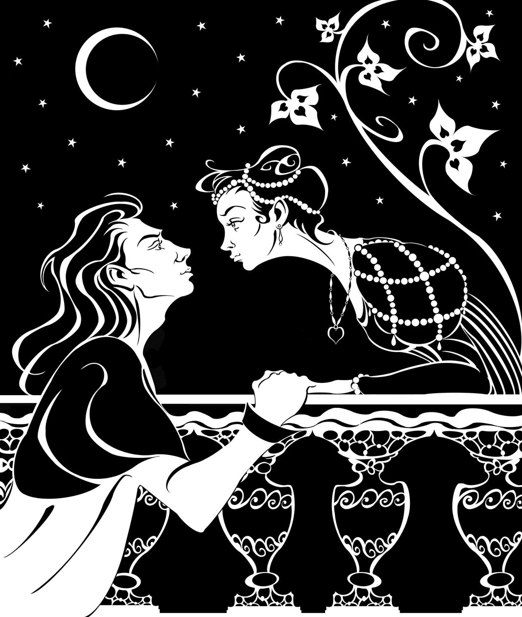 Romeo a Julie - ilustrace balkónové scény ze hry Williama Shakespeara od Neale Osborne