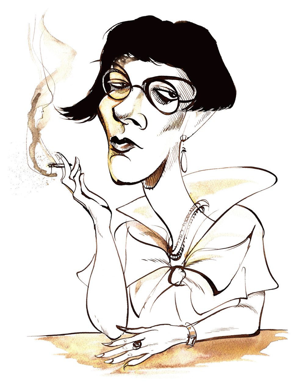 Sylvia Townsend Warner - karikatura s cigaretou v ruce od Neale Osborne