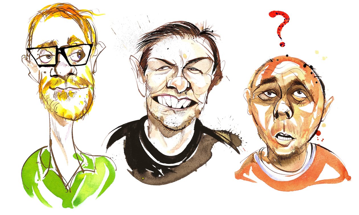 Show Rickyho Gervaise s anglickými komediálními herci: Stephen Merchant, Ricky Gervais a Karl Pilkington od Neale Osborne