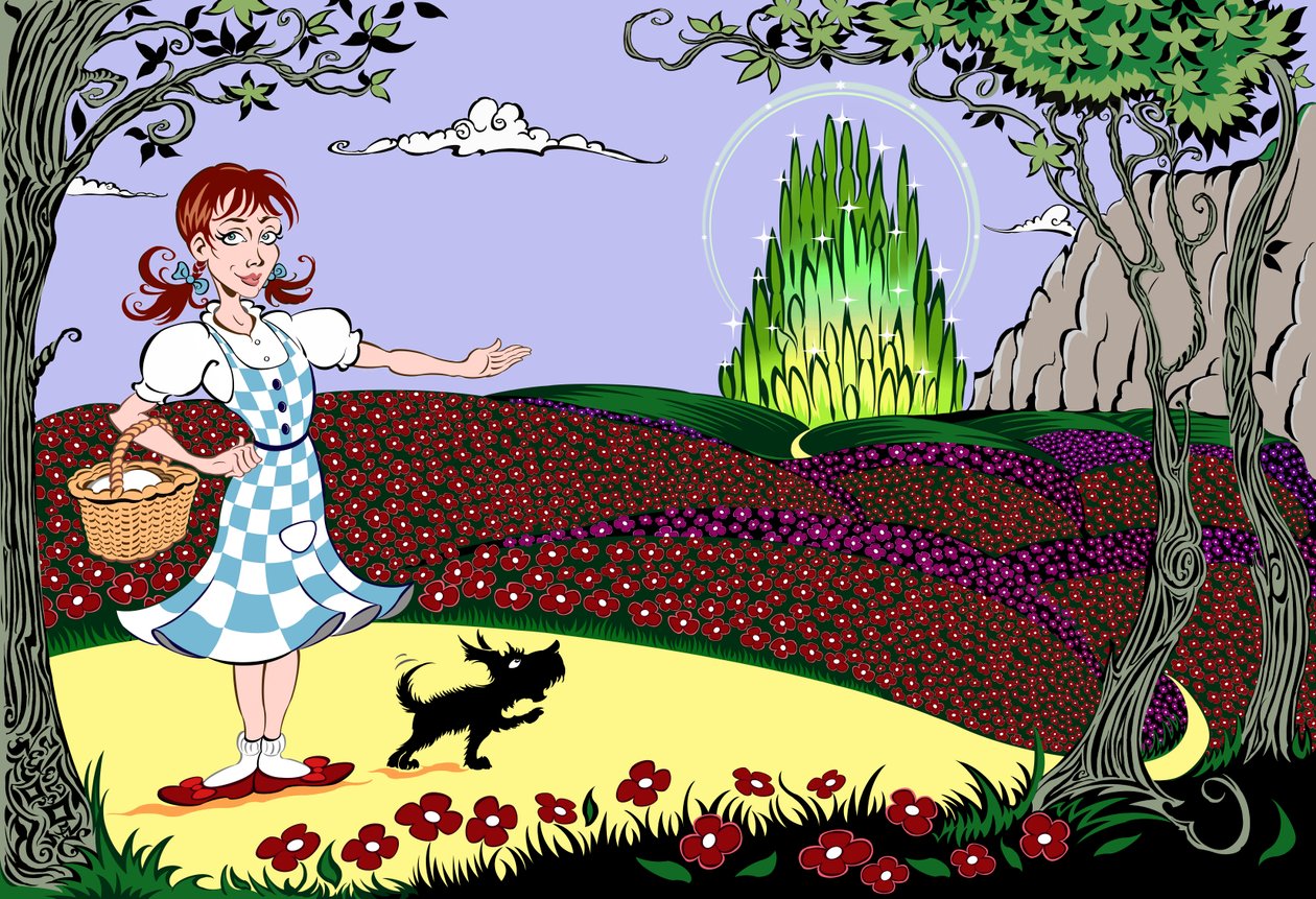 The Wonderful Wizard of Oz: Dorothy a Toto na Yellow Brick Road na cestě do Emerald City od Neale Osborne