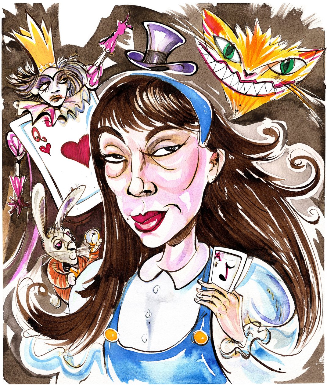 Unsuk Chin - karikatura jako Lewis Carrolls Alice, v odkazu na její operu Alenka v říši divů z roku 2007 od Neale Osborne