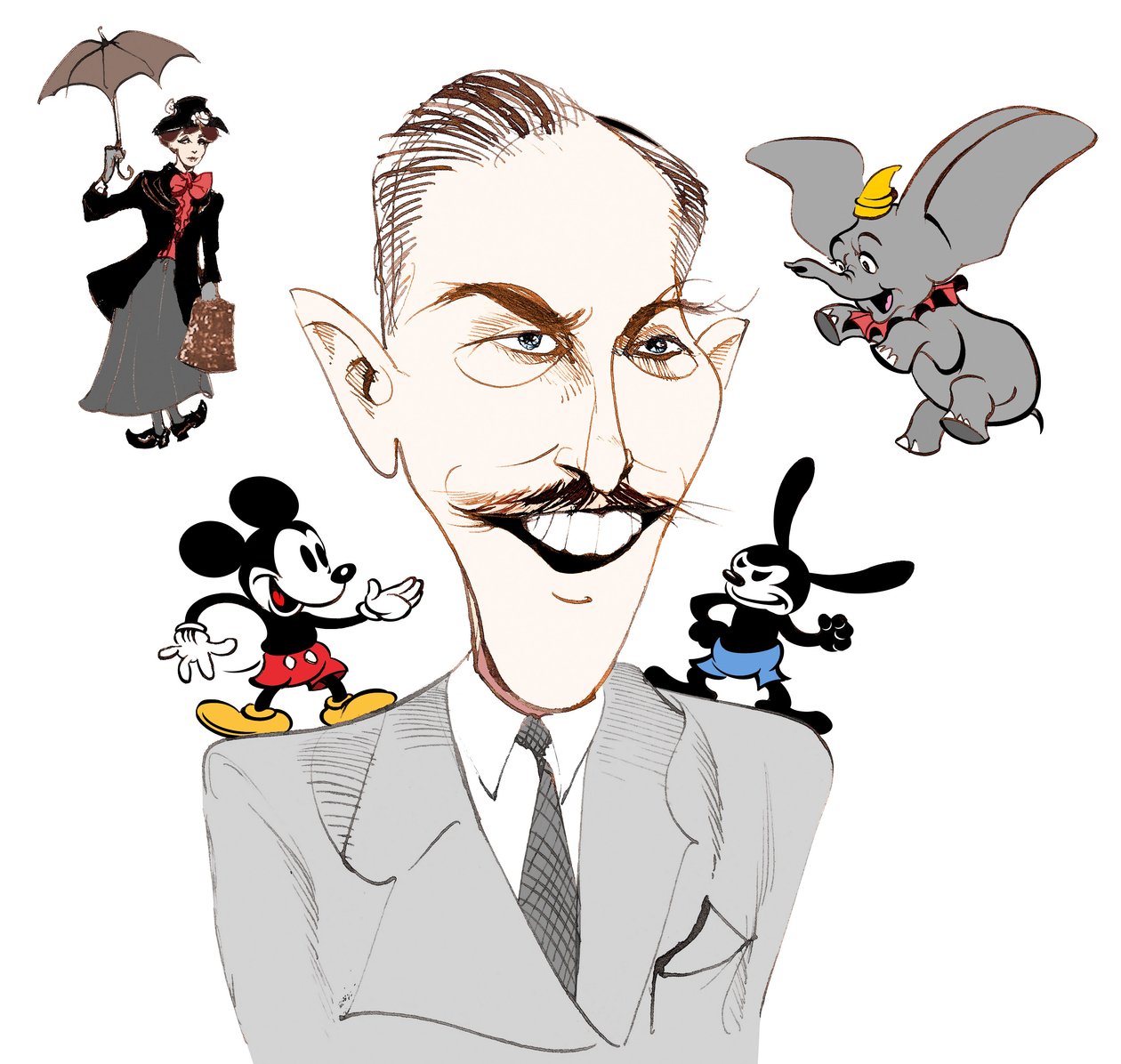 Walt Disney, americký filmový producent, obchodní magnát, karikaturista a animátor; karikován s Mary Poppins od Neale Osborne