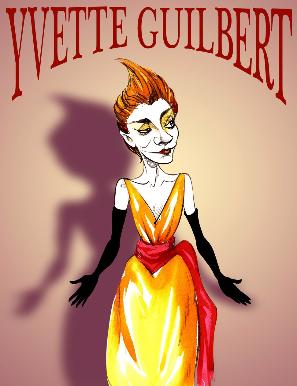 Yvette Guilbert, francouzská herečka a kabaretní zpěvačka, (1867 - 1944) karikatura s nápisem ve stylu plakátů belle epoque od Neale Osborne