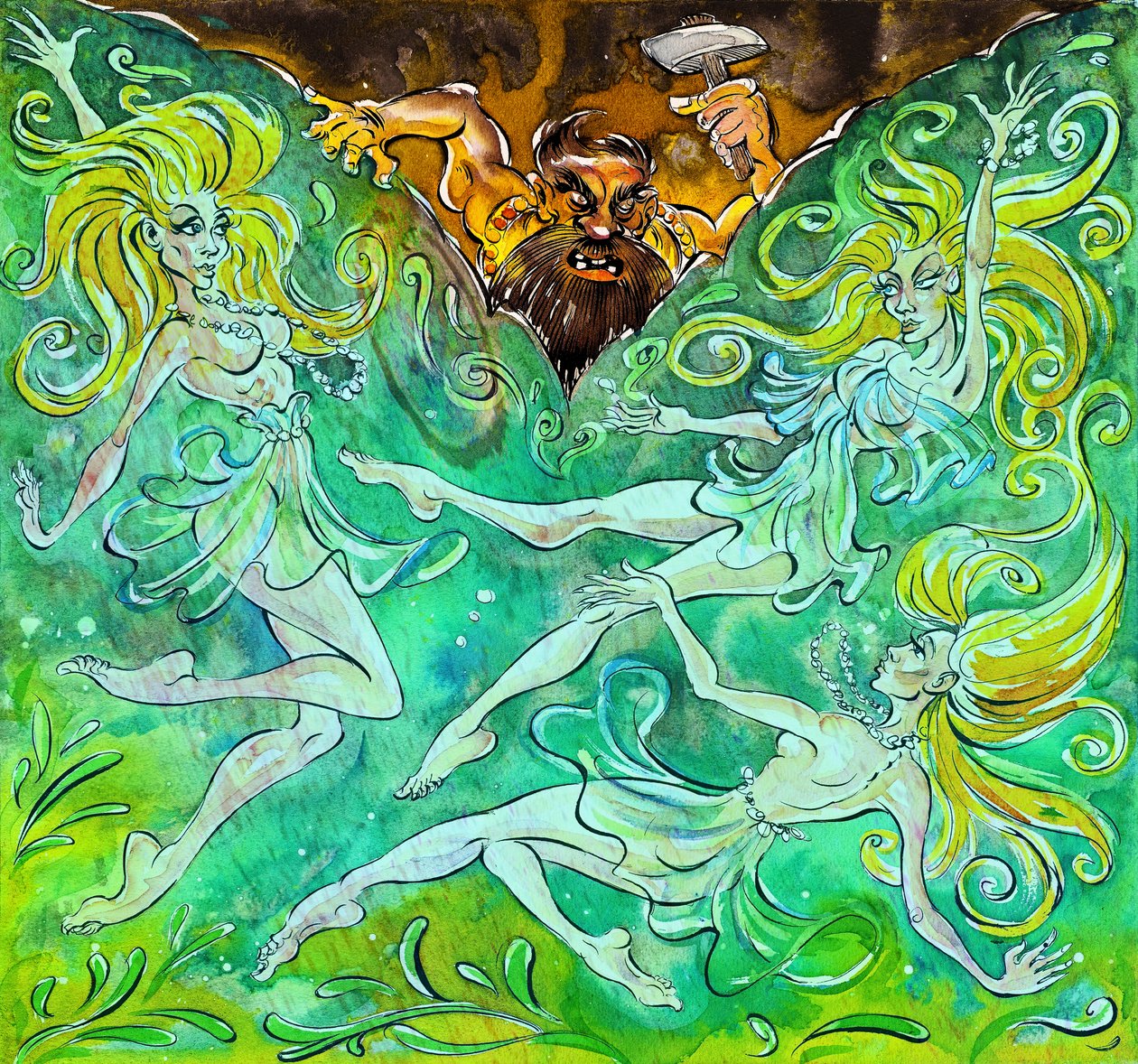 Alberich a Rhinemaidens - ilustrace 
