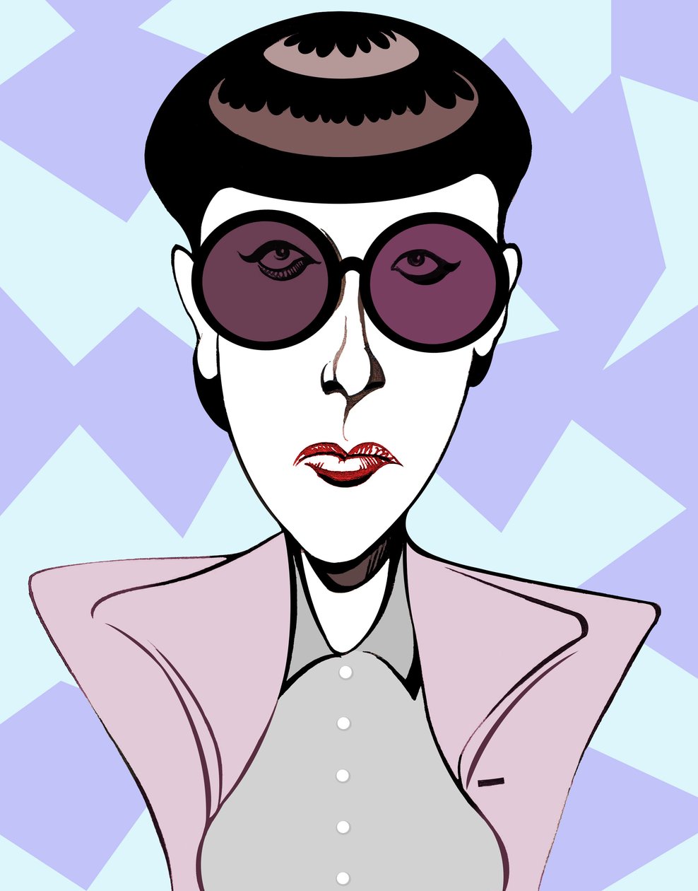 Edith Headová, americká kostýmní výtvarnice (1907-1981), barevná karikatura s tmavými brýlemi od Neale Osborne