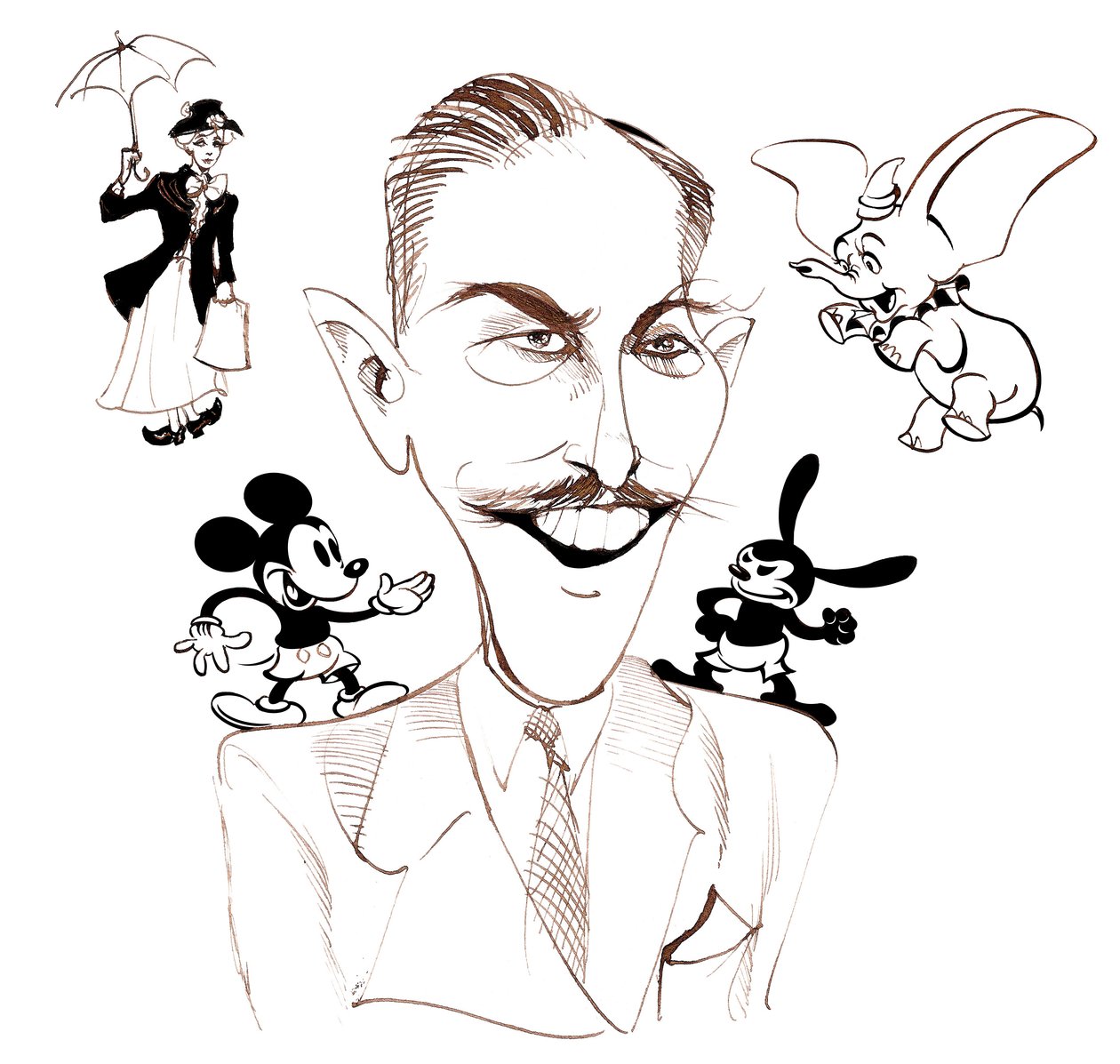 Walt Disney, americký filmový producent, obchodní magnát, karikaturista a animátor; karikován s Mary Poppins od Neale Osborne