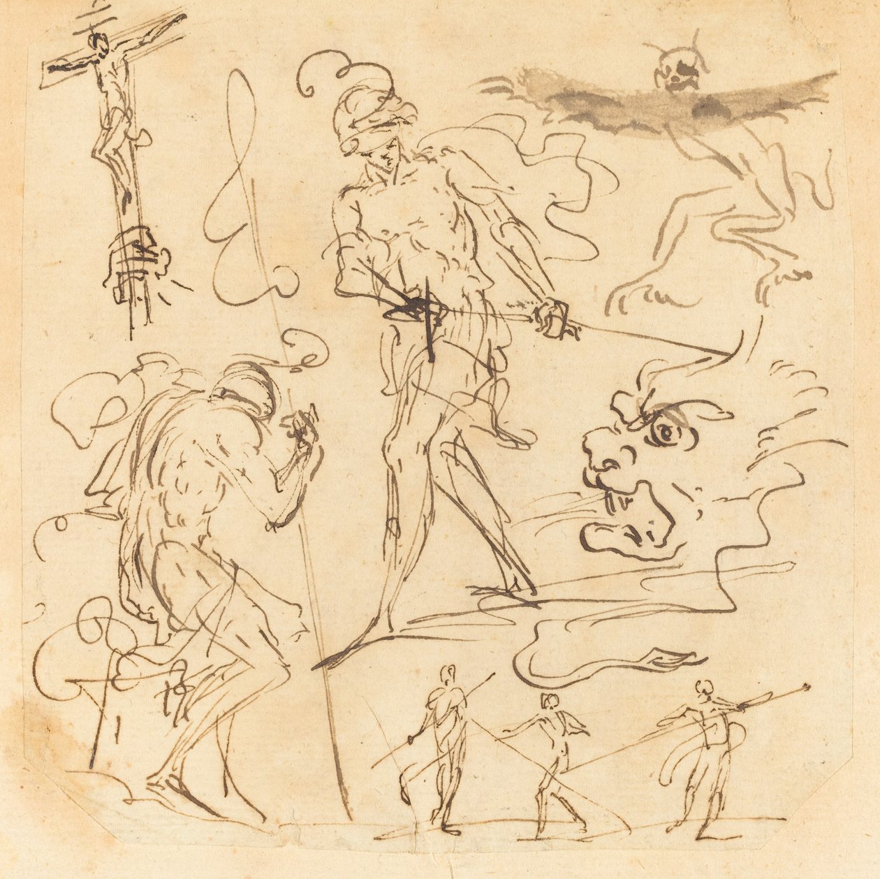List studií s vojákem tasícím meč, krucifix, monstrózní zvířata a další figurky od Neapolitan 17th Century